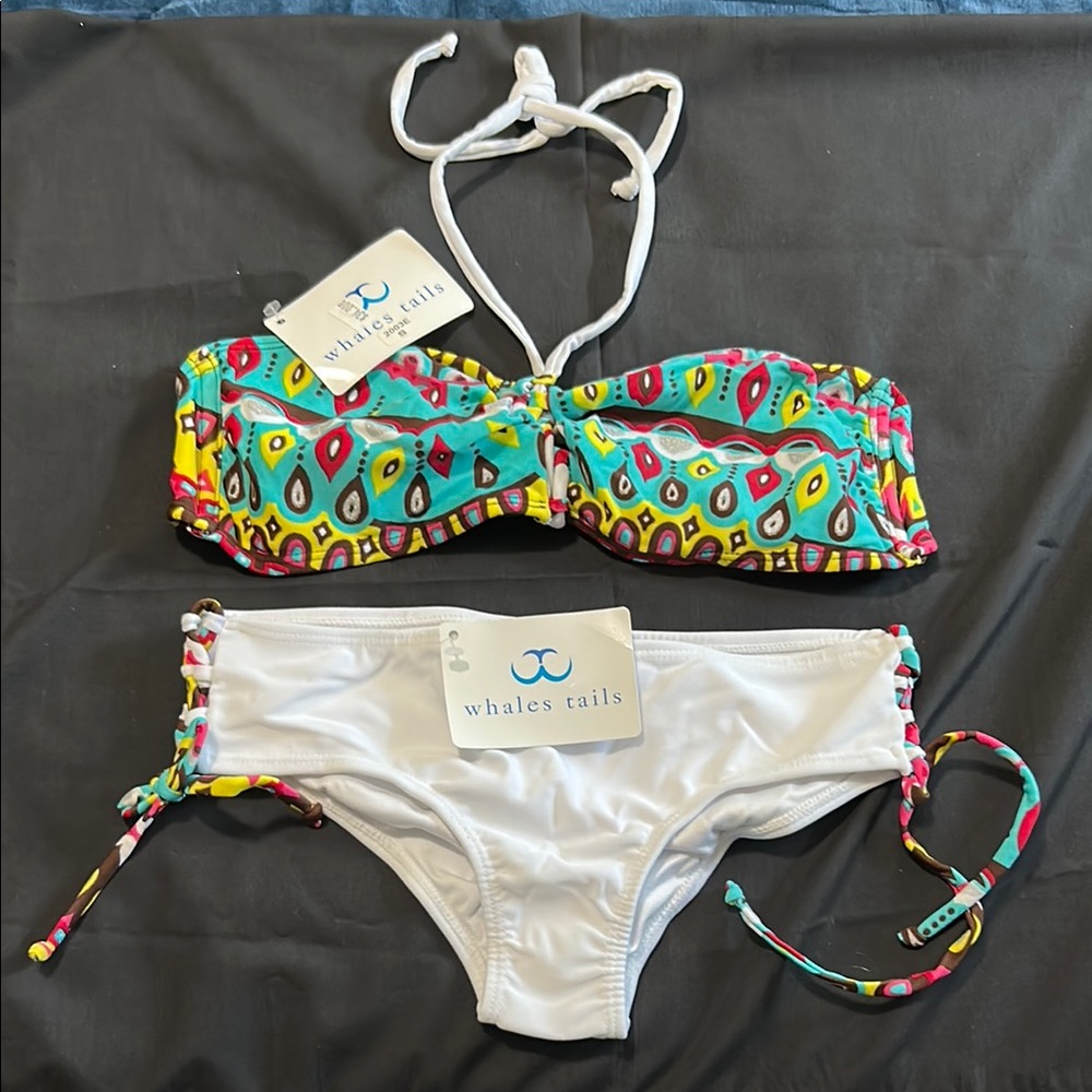Whales tails Colorful Pattern & White bandeau top 2 piece bikini